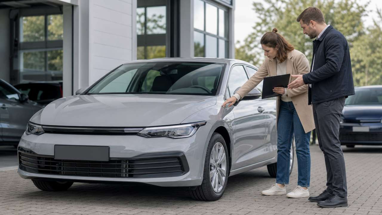 Käuferin und Händler prüfen einen neuen Wagen bei der Übergabe