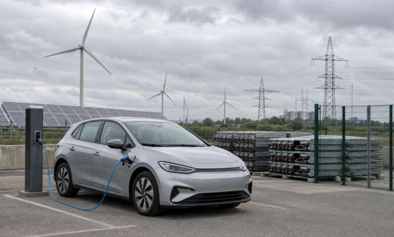 Elektroauto lädt zwischen erneuerbaren Energien und Batterierecycling