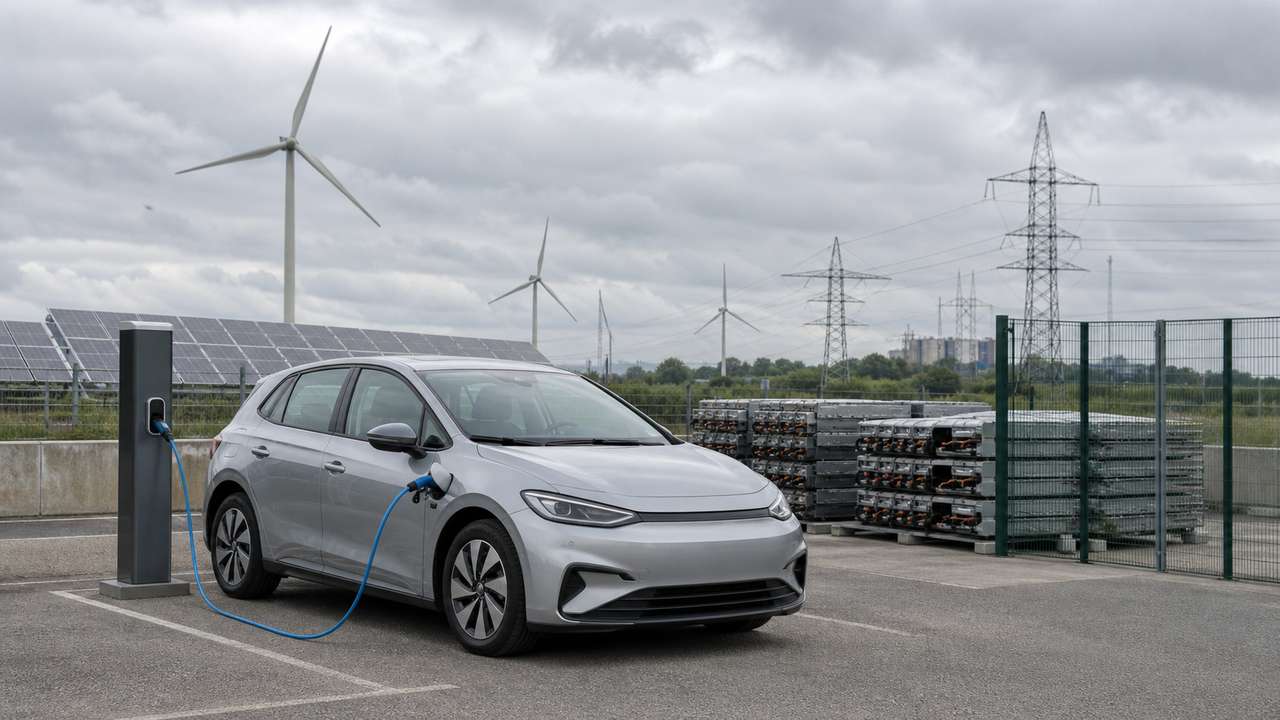 Elektroauto lädt zwischen erneuerbaren Energien und Batterierecycling