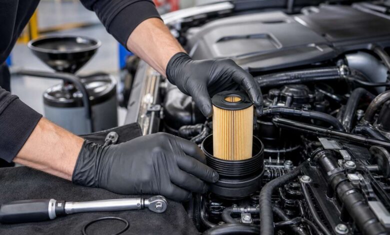Mechaniker setzt einen neuen Ölfiltereinsatz in das Filtergehäuse eines Motors ein