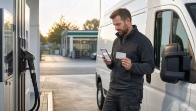 Geschäftskunde nutzt an einer OIL! Tankstelle Flottenkarte und Mobile Payment