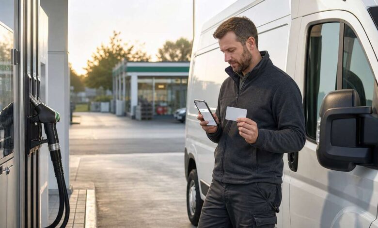 Geschäftskunde nutzt an einer OIL! Tankstelle Flottenkarte und Mobile Payment