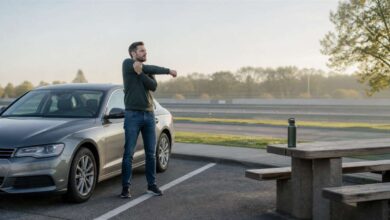 Autofahrer macht auf einem Rastplatz neben dem geparkten Auto eine Bewegungspause