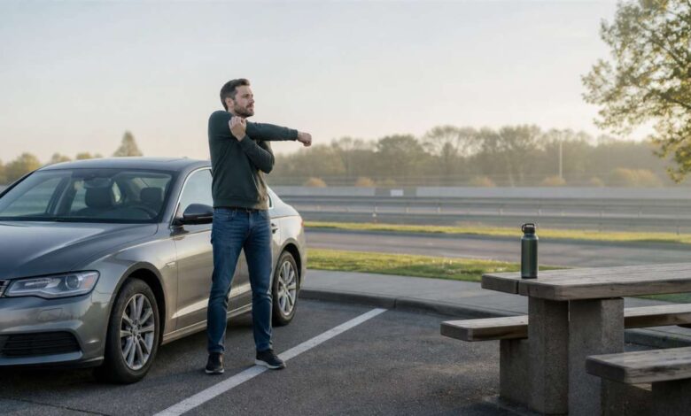 Autofahrer macht auf einem Rastplatz neben dem geparkten Auto eine Bewegungspause