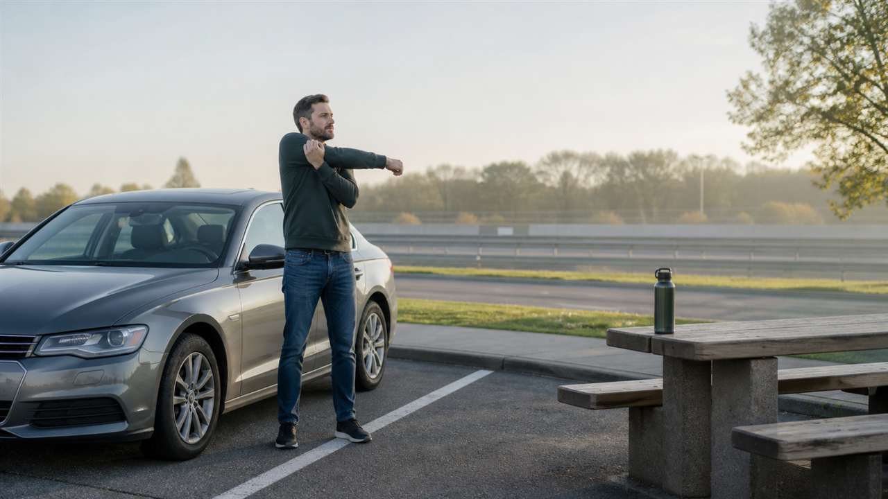 Autofahrer macht auf einem Rastplatz neben dem geparkten Auto eine Bewegungspause