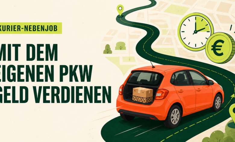 Orangefarbener Pkw mit Paket auf einer Kurierroute