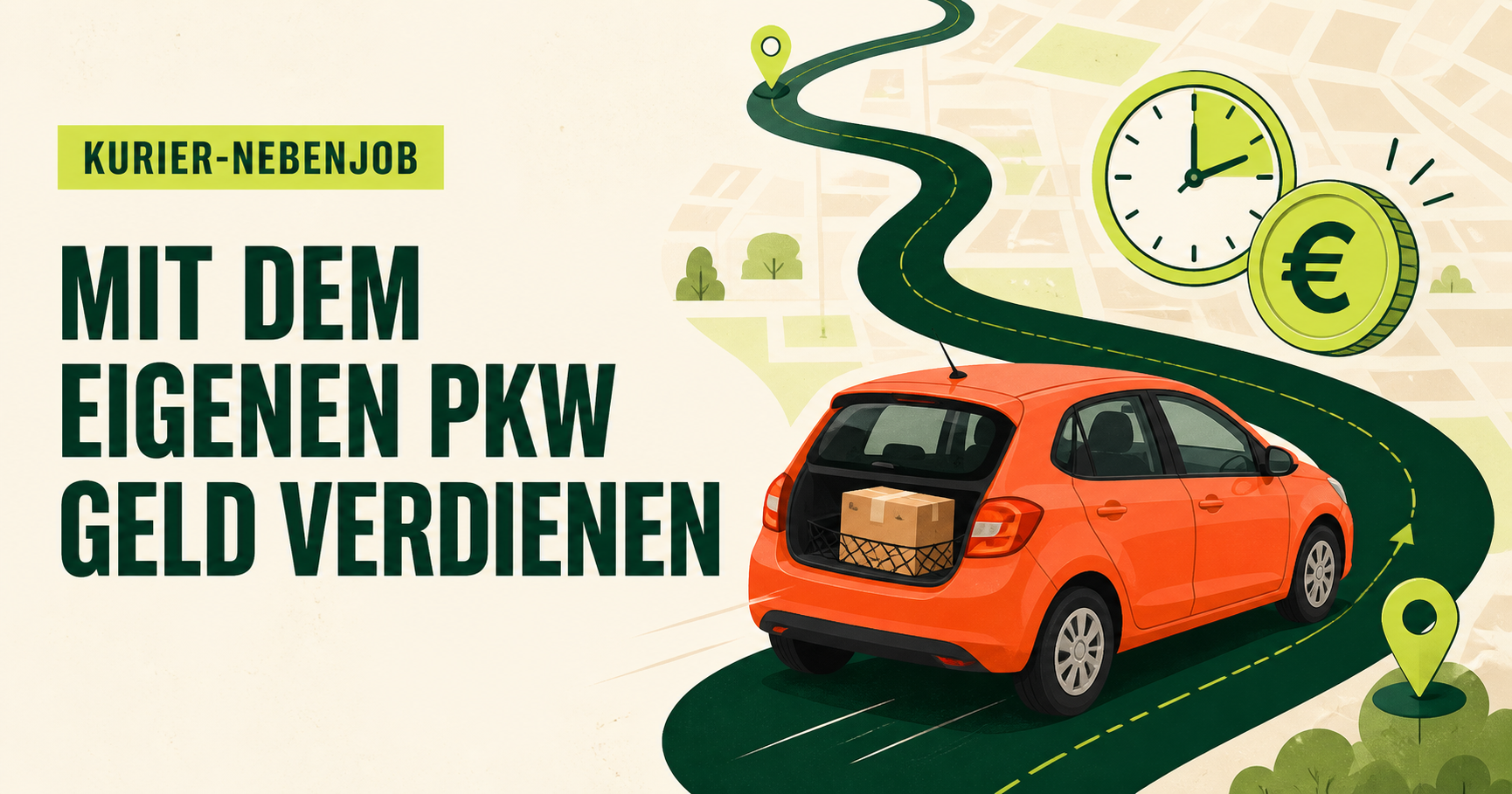 Orangefarbener Pkw mit Paket auf einer Kurierroute