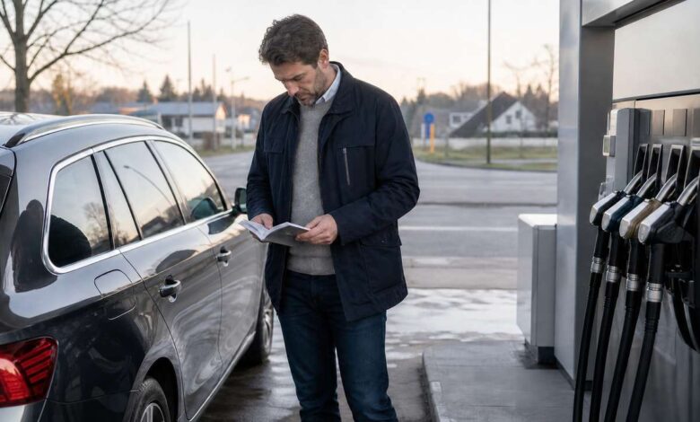 Autofahrer prüft vor dem Tanken von Premiumkraftstoff die Motorfreigabe