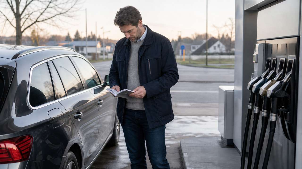 Autofahrer prüft vor dem Tanken von Premiumkraftstoff die Motorfreigabe