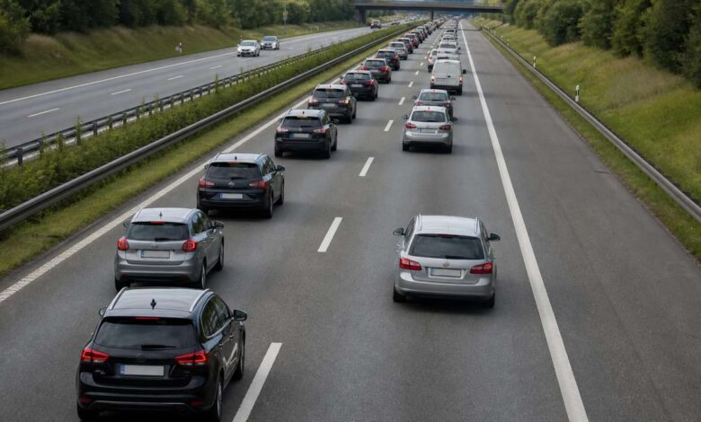 Dichter Autobahnverkehr mit vorsichtig rechts vorbeifahrendem Auto