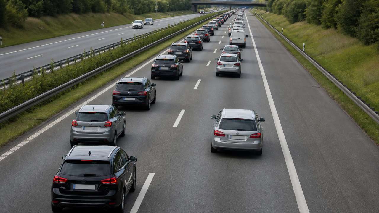 Dichter Autobahnverkehr mit vorsichtig rechts vorbeifahrendem Auto