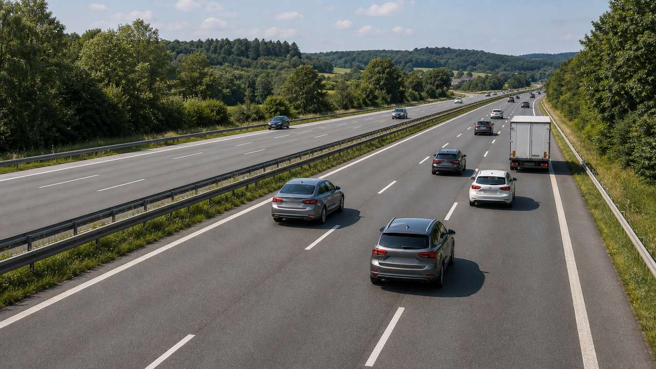 Verkehr nutzt auf einer dreispurigen Autobahn überwiegend die rechte Spur