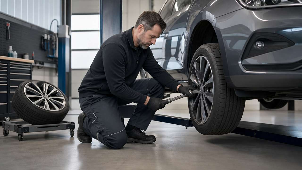 Kfz-Techniker zieht beim Reifenwechsel ein Rad mit dem Drehmomentschlüssel an