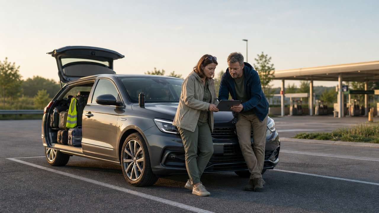 Autofahrer planen eine Urlaubsreise an einem Rastplatz
