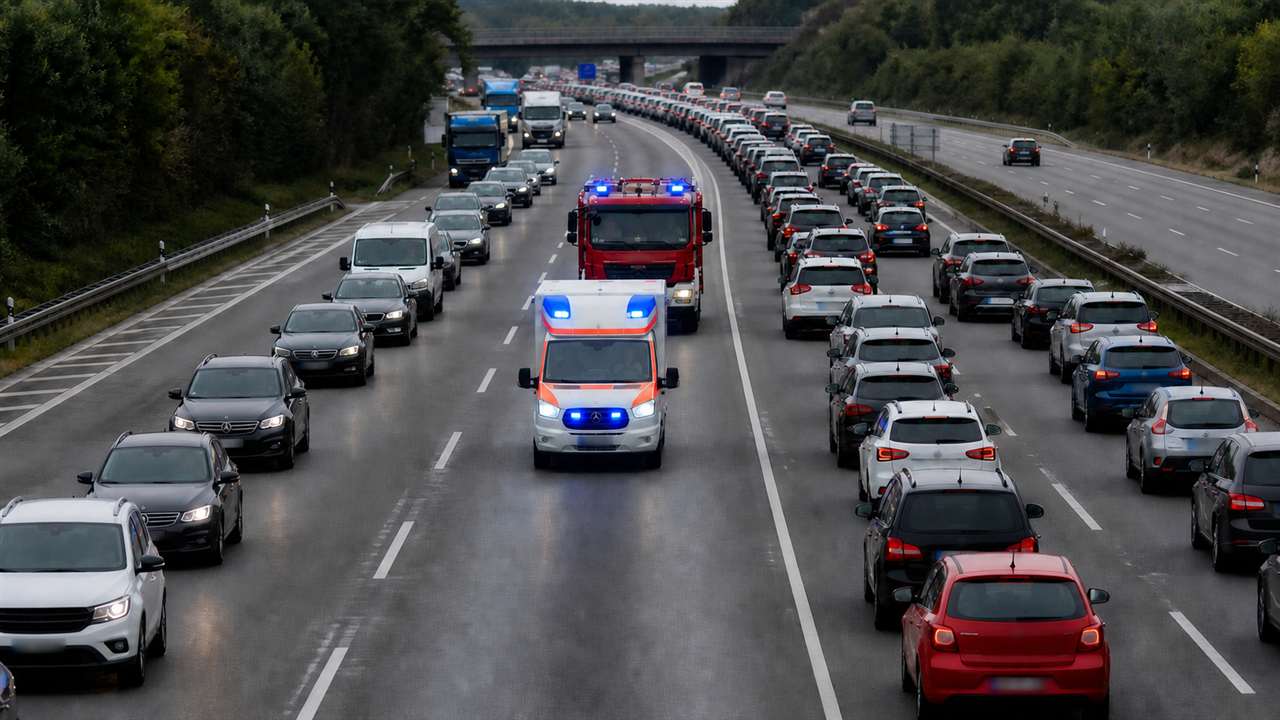 Rettungswagen und Feuerwehr fahren durch eine gebildete Rettungsgasse