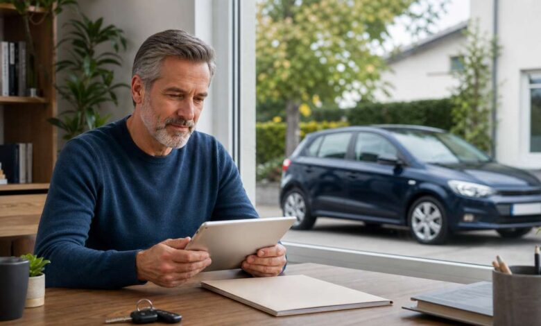 Autofahrer prüft seine Schadenfreiheitsklasse auf einem Tablet, während sein Pkw vor dem Haus steht