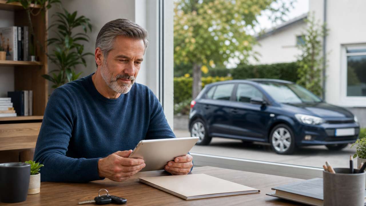 Autofahrer prüft seine Schadenfreiheitsklasse auf einem Tablet, während sein Pkw vor dem Haus steht
