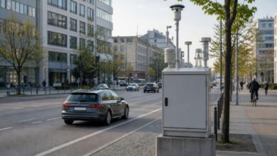 Luftqualitätsmessstation neben einer Straße mit Dieselauto