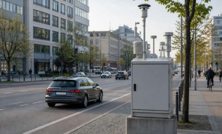 Luftqualitätsmessstation neben einer Straße mit Dieselauto