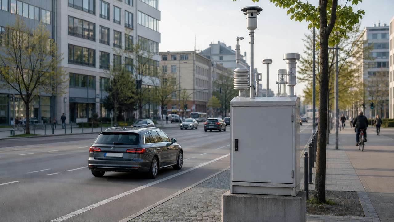 Luftqualitätsmessstation neben einer Straße mit Dieselauto