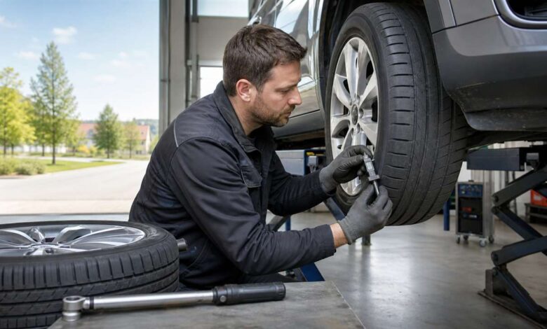 Mechaniker misst die Profiltiefe eines Sommerreifens