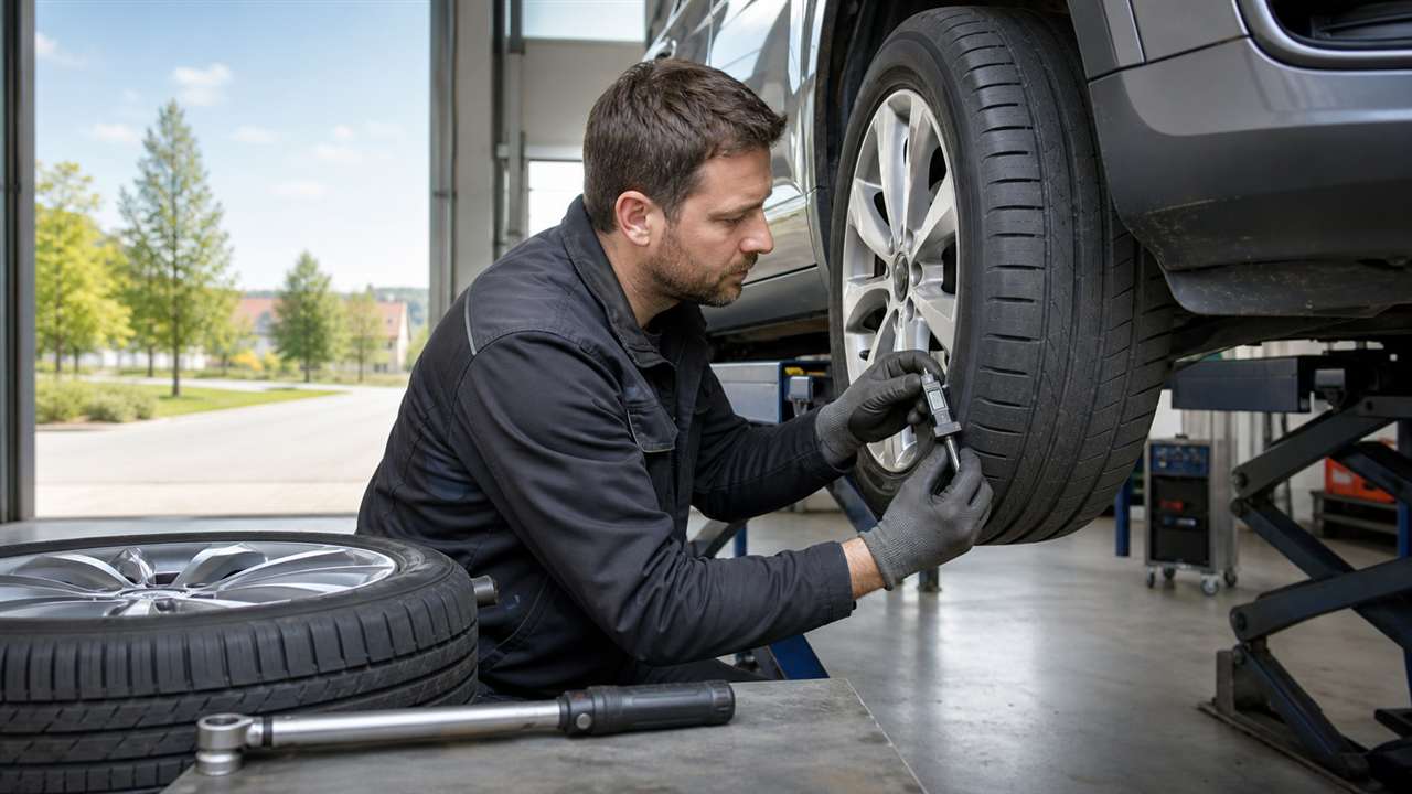 Mechaniker misst die Profiltiefe eines Sommerreifens