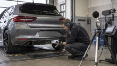 Mechaniker misst und prüft einen knallenden Sportauspuff