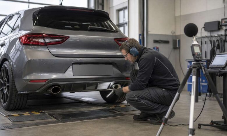 Mechaniker misst und prüft einen knallenden Sportauspuff