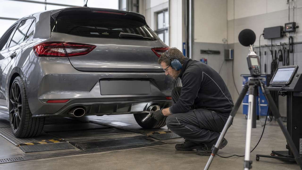 Mechaniker misst und prüft einen knallenden Sportauspuff