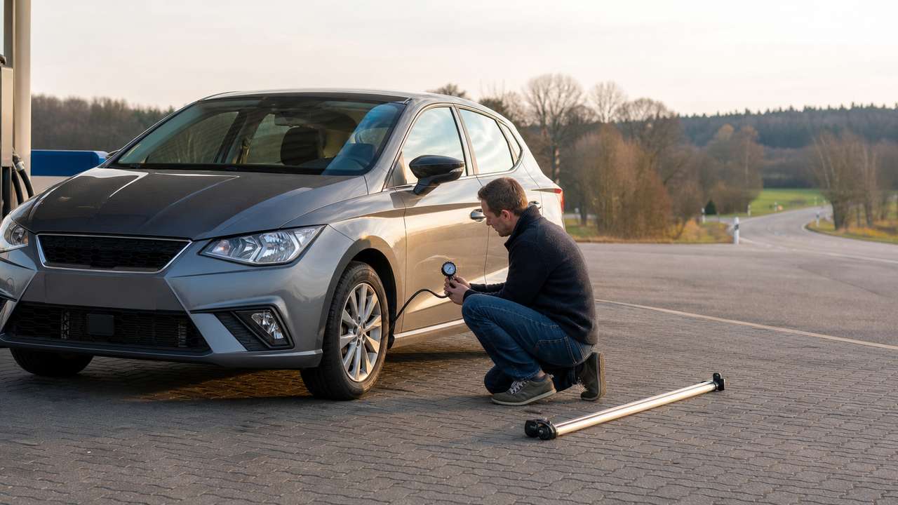 Autofahrer prüft den Reifendruck, um beim Autofahren Sprit zu sparen