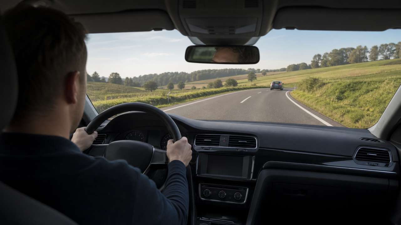 Autofahrer hält auf einer Landstraße gleichmäßiges Tempo und sicheren Abstand