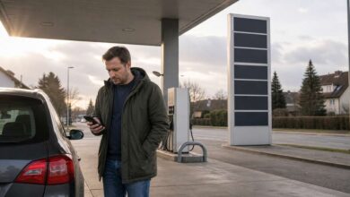 Autofahrer vergleicht aktuelle Spritpreise auf dem Smartphone an einer deutschen Tankstelle