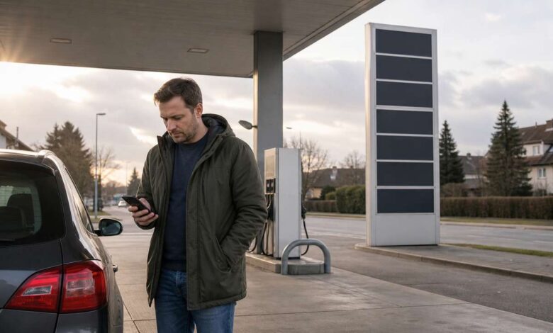 Autofahrer vergleicht aktuelle Spritpreise auf dem Smartphone an einer deutschen Tankstelle