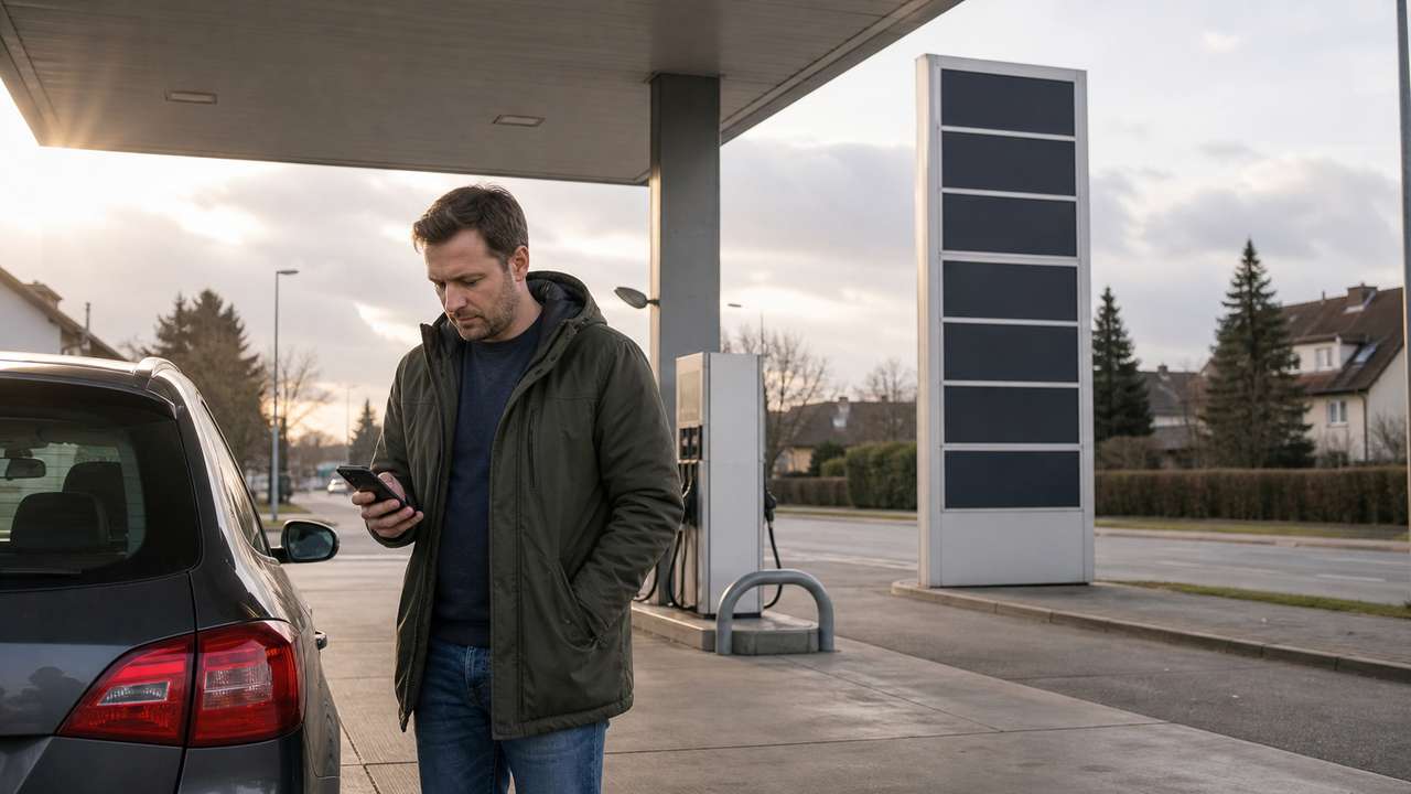 Autofahrer vergleicht aktuelle Spritpreise auf dem Smartphone an einer deutschen Tankstelle