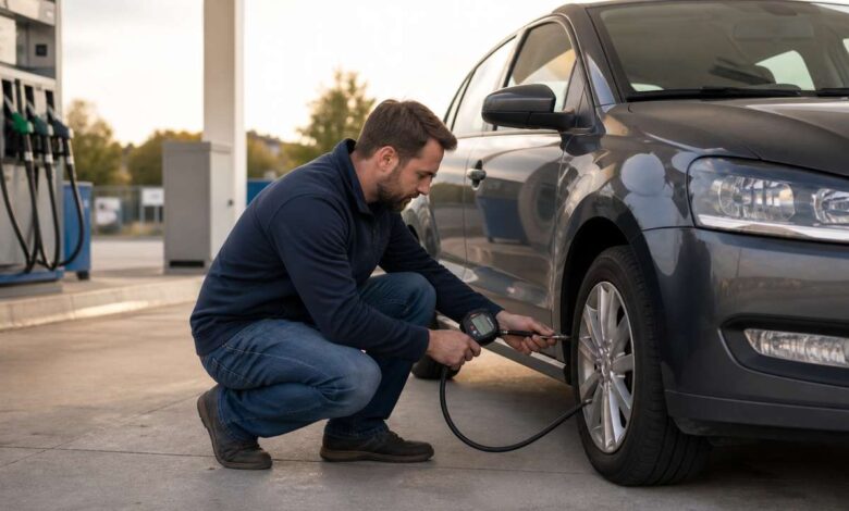 Autofahrer prüft den Reifendruck an einer Tankstelle