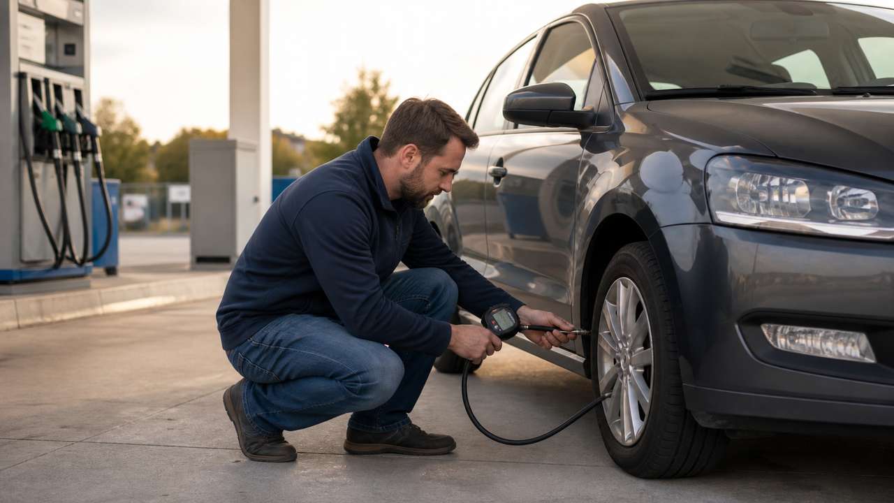 Autofahrer prüft den Reifendruck an einer Tankstelle