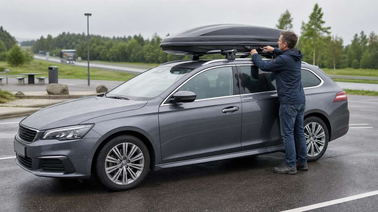 Fahrer prüft die Befestigung einer Dachbox auf einem Kombi
