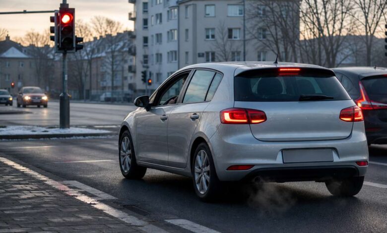 Auto mit laufendem Motor wartet im Winter an einer roten Ampel