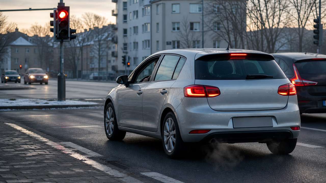 Auto mit laufendem Motor wartet im Winter an einer roten Ampel
