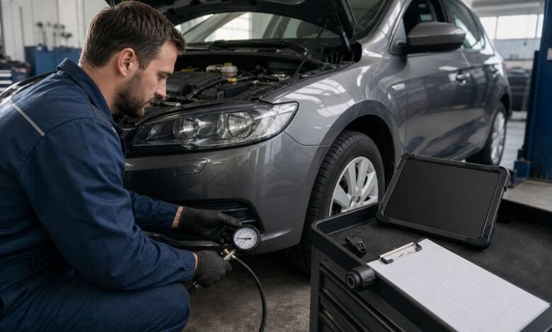 Kfz-Techniker prüft bei einer Verbrauchsdiagnose den Reifendruck eines Autos