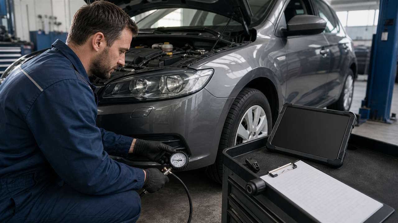 Kfz-Techniker prüft bei einer Verbrauchsdiagnose den Reifendruck eines Autos