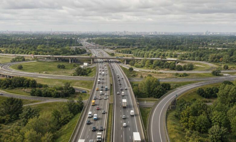 Dichter Verkehr an einem Autobahnkreuz als Symbol für den Staumelder A10