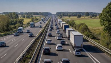 Dichter Auto- und Lkw-Verkehr auf einer deutschen Autobahn als Motiv für den Staumelder A2