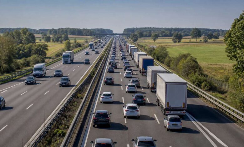 Dichter Auto- und Lkw-Verkehr auf einer deutschen Autobahn als Motiv für den Staumelder A2