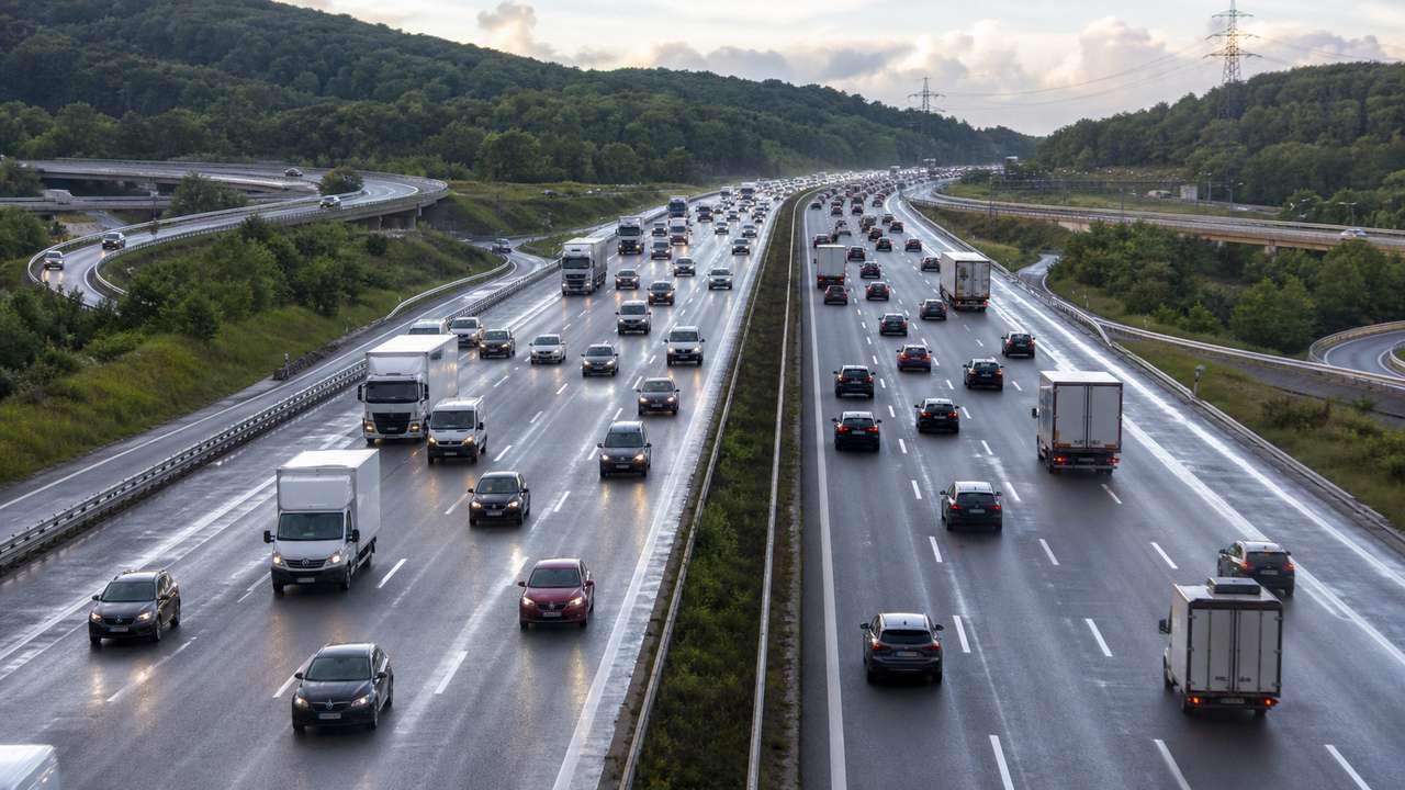 Dichter Verkehr auf der A3 mit Autos und Lastwagen auf nasser deutscher Autobahn