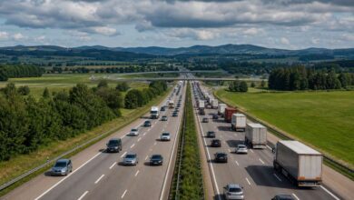Dichter Pkw- und Lkw-Verkehr auf einer deutschen Autobahn als Symbol für den Staumelder A7