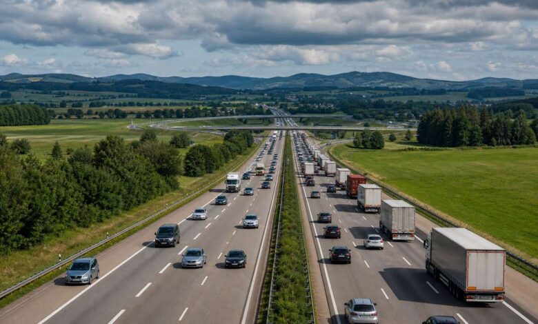 Dichter Pkw- und Lkw-Verkehr auf einer deutschen Autobahn als Symbol für den Staumelder A7