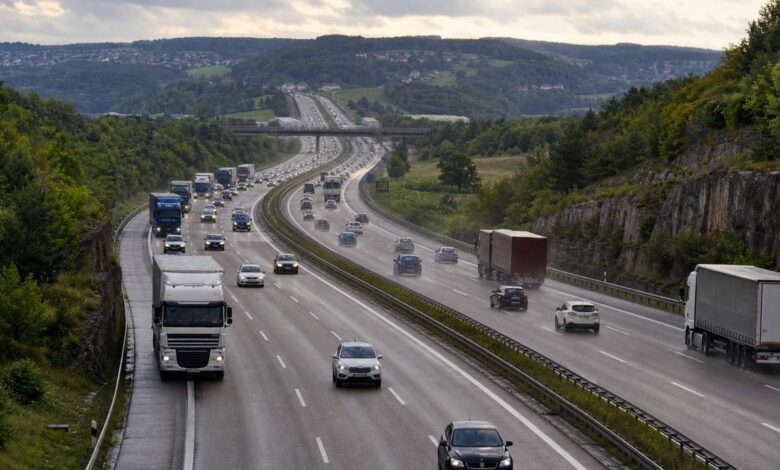 Dichter Verkehr auf einer hügeligen deutschen Autobahn als Symbol für den Staumelder A8