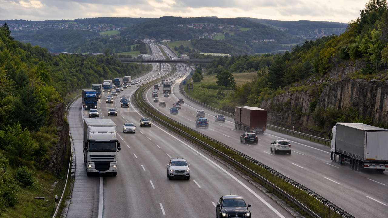 Dichter Verkehr auf einer hügeligen deutschen Autobahn als Symbol für den Staumelder A8