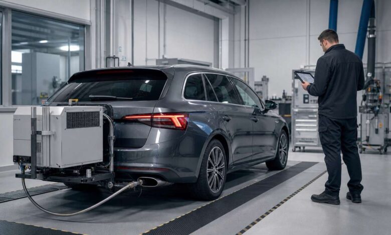Diesel-Pkw mit mobiler Abgasmessanlage in einer Fahrzeug-Prüfhalle
